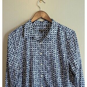 Talbots XL Batik Grid Print Blouse Blue White Button Down Shirt Long Sleeve Boho